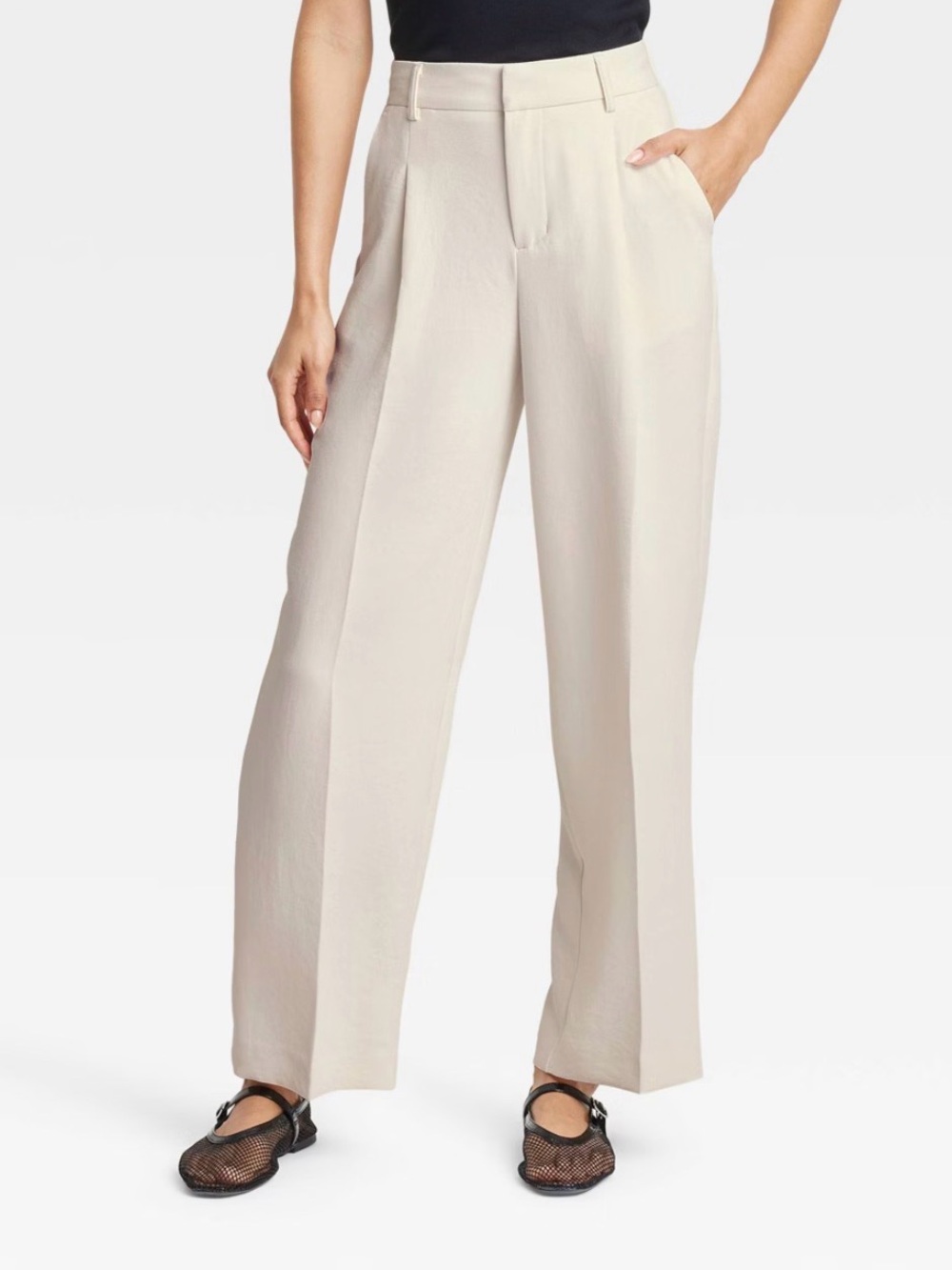 Cream High-Rise Wide-Leg Trousers